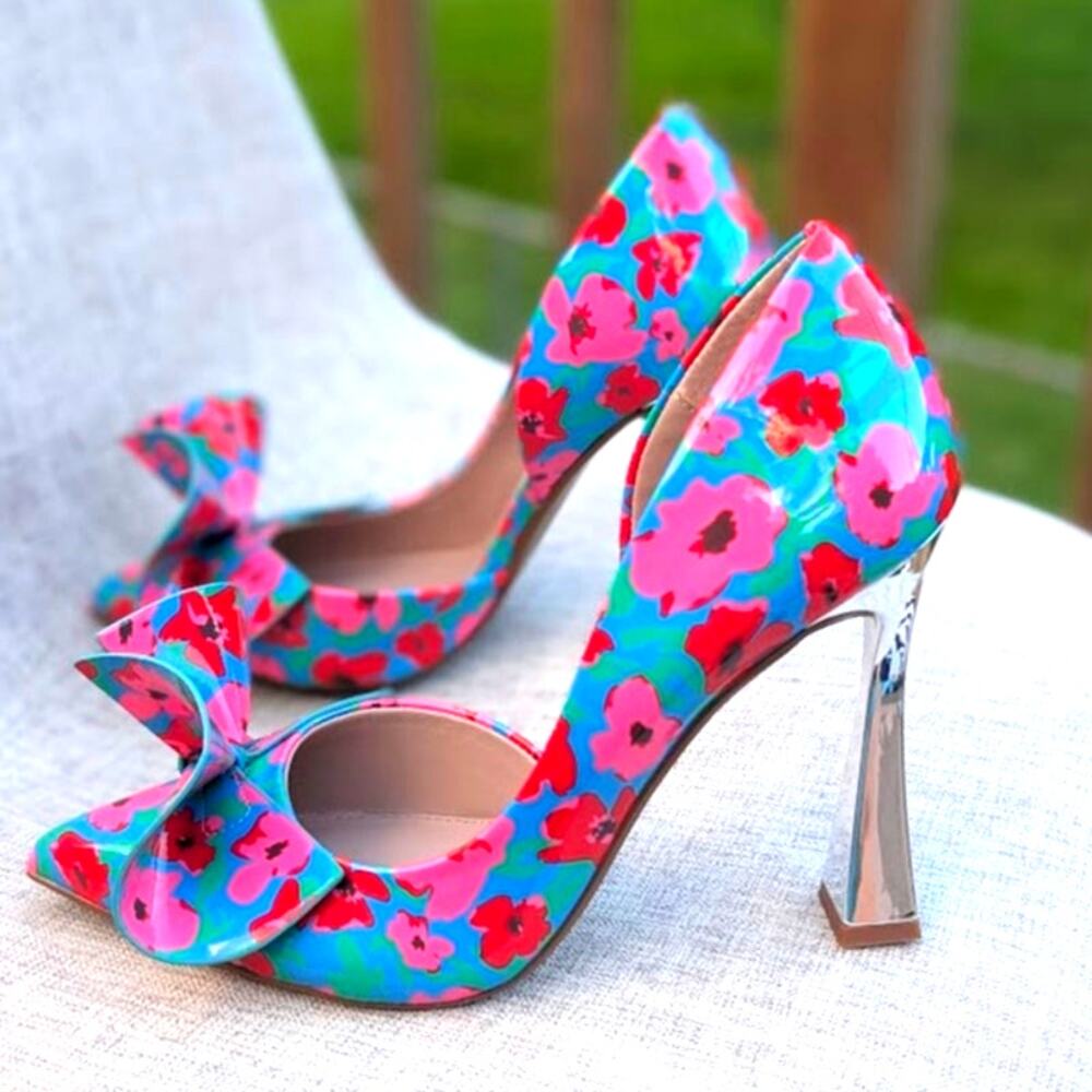 Betsey Johnson Nobble Bow D'Orsay Silver Heels Size 10M Pumps Floral Retro New - Picture 5 of 9